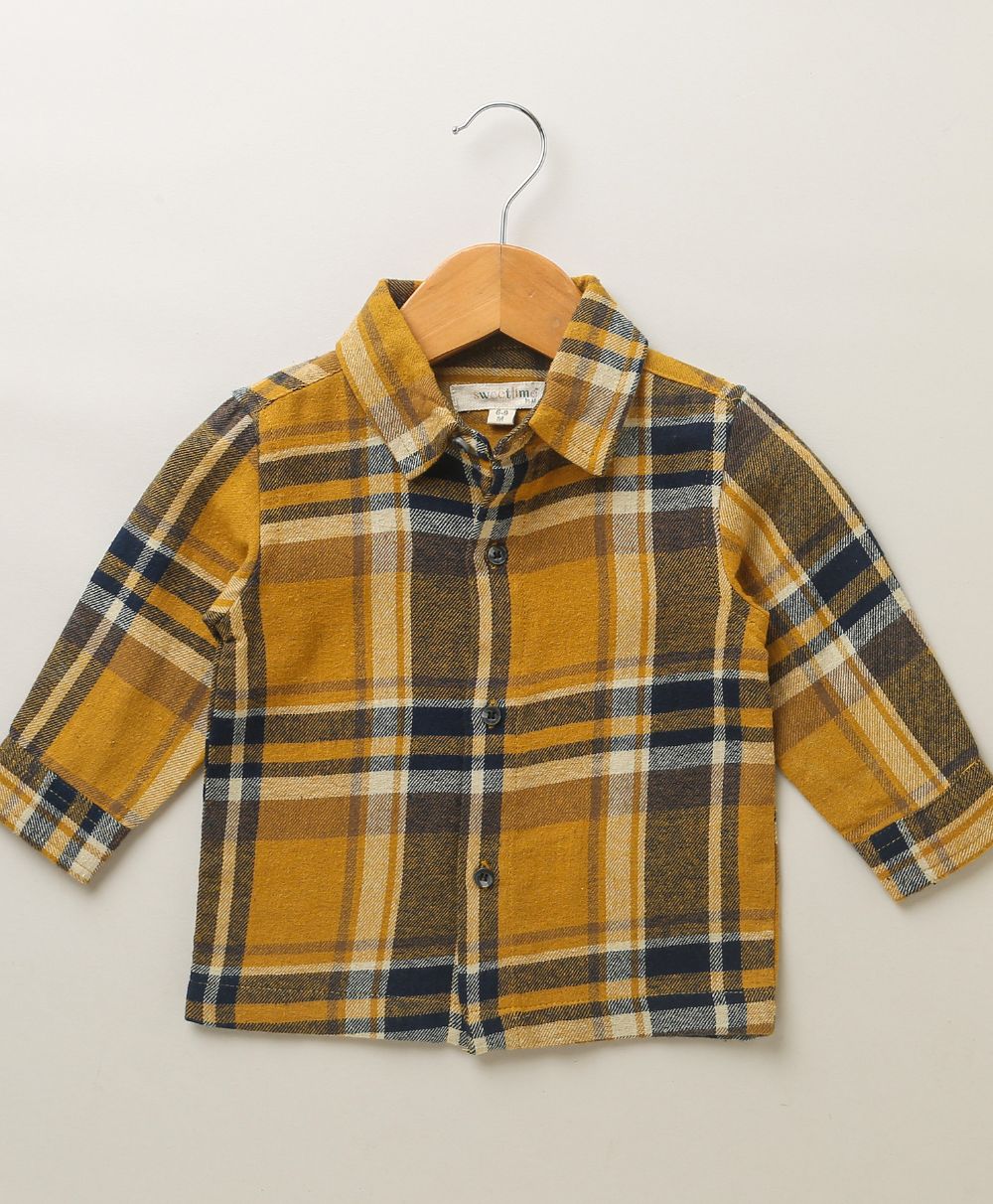 Mustard Yellow Checks Long Sleeve Cotton Shirt