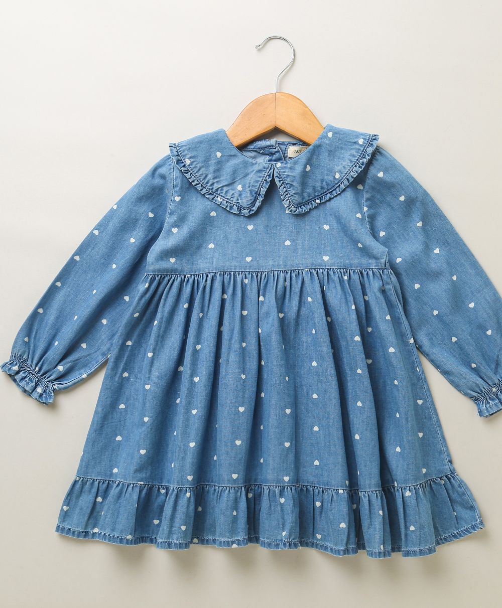 White Hearts Printed Cotton Denim Full Sleeves Dress