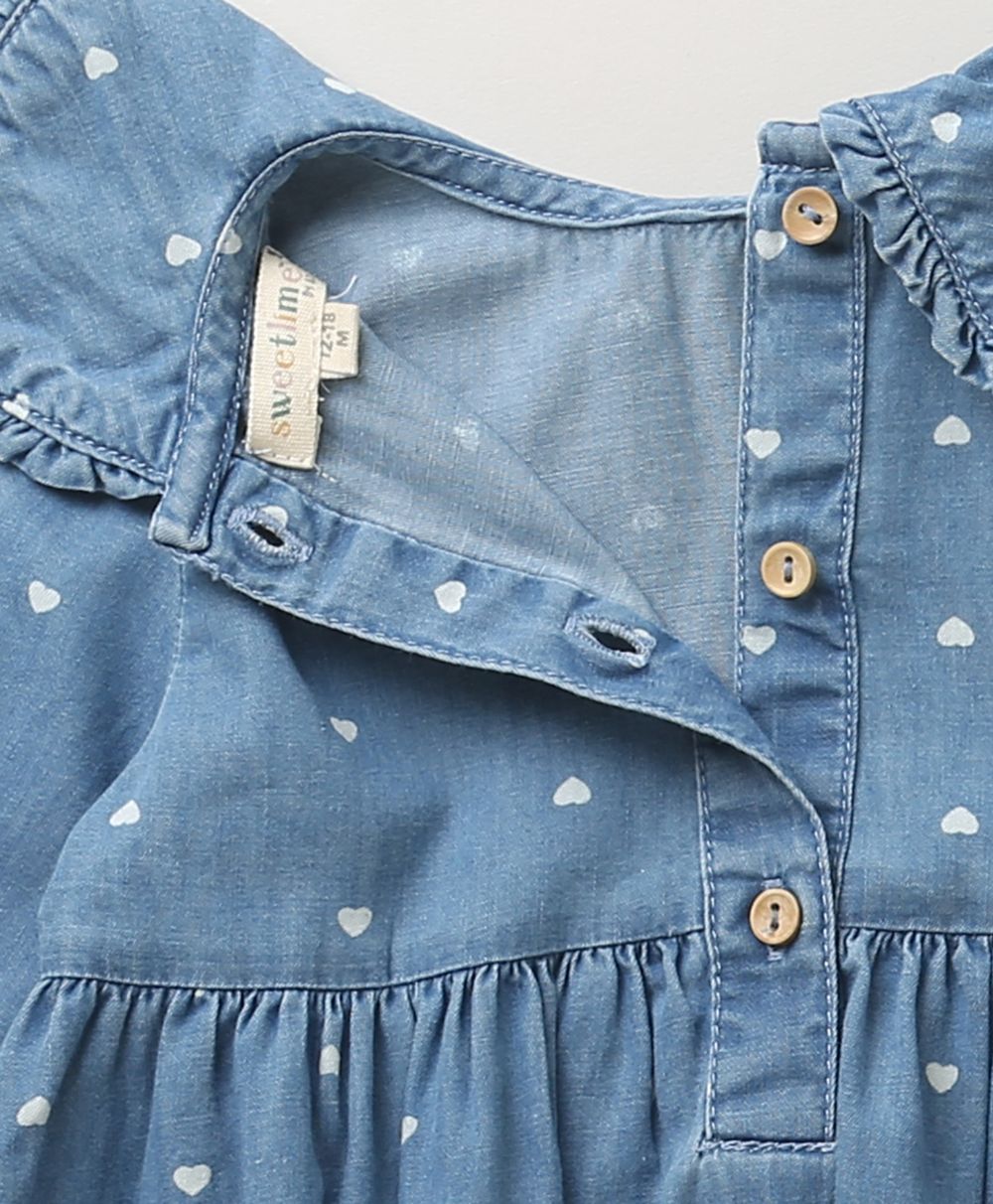 White Hearts Printed Cotton Denim Full Sleeves Dress