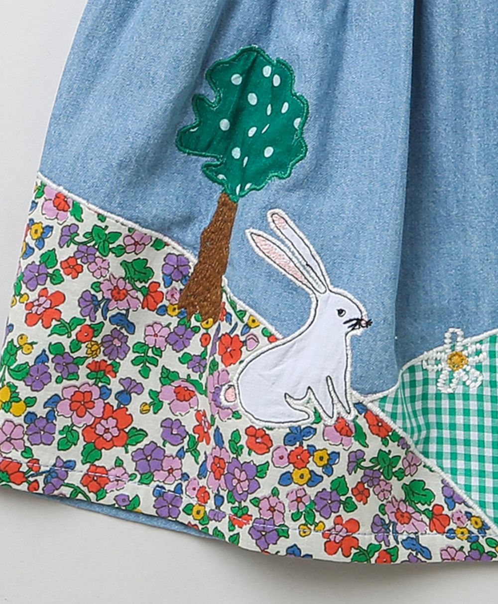 Rabbit Print Denim Top & Green Cotton Twill Shorts