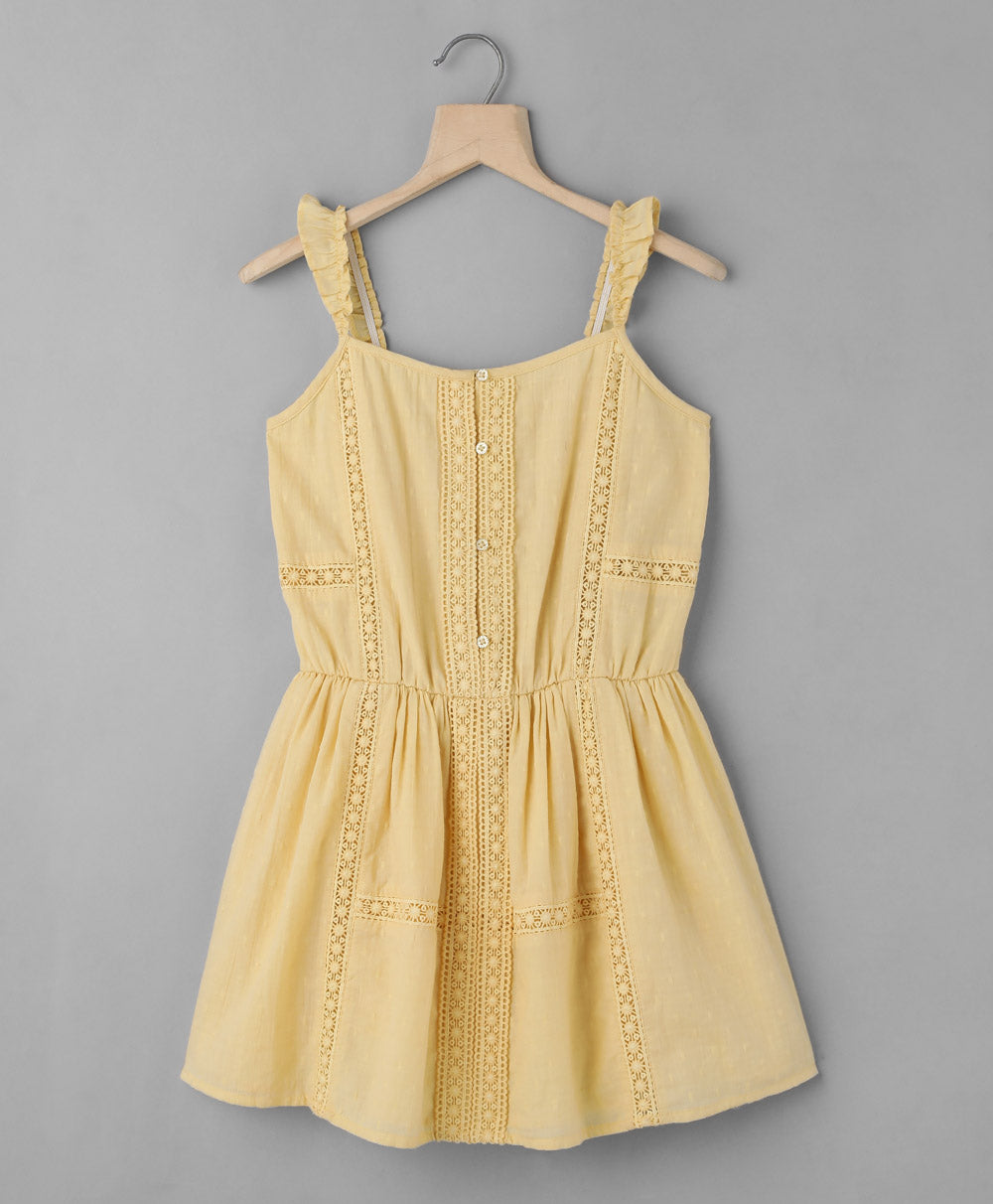 Yellow Lace Insert Cotton Dobby Dress