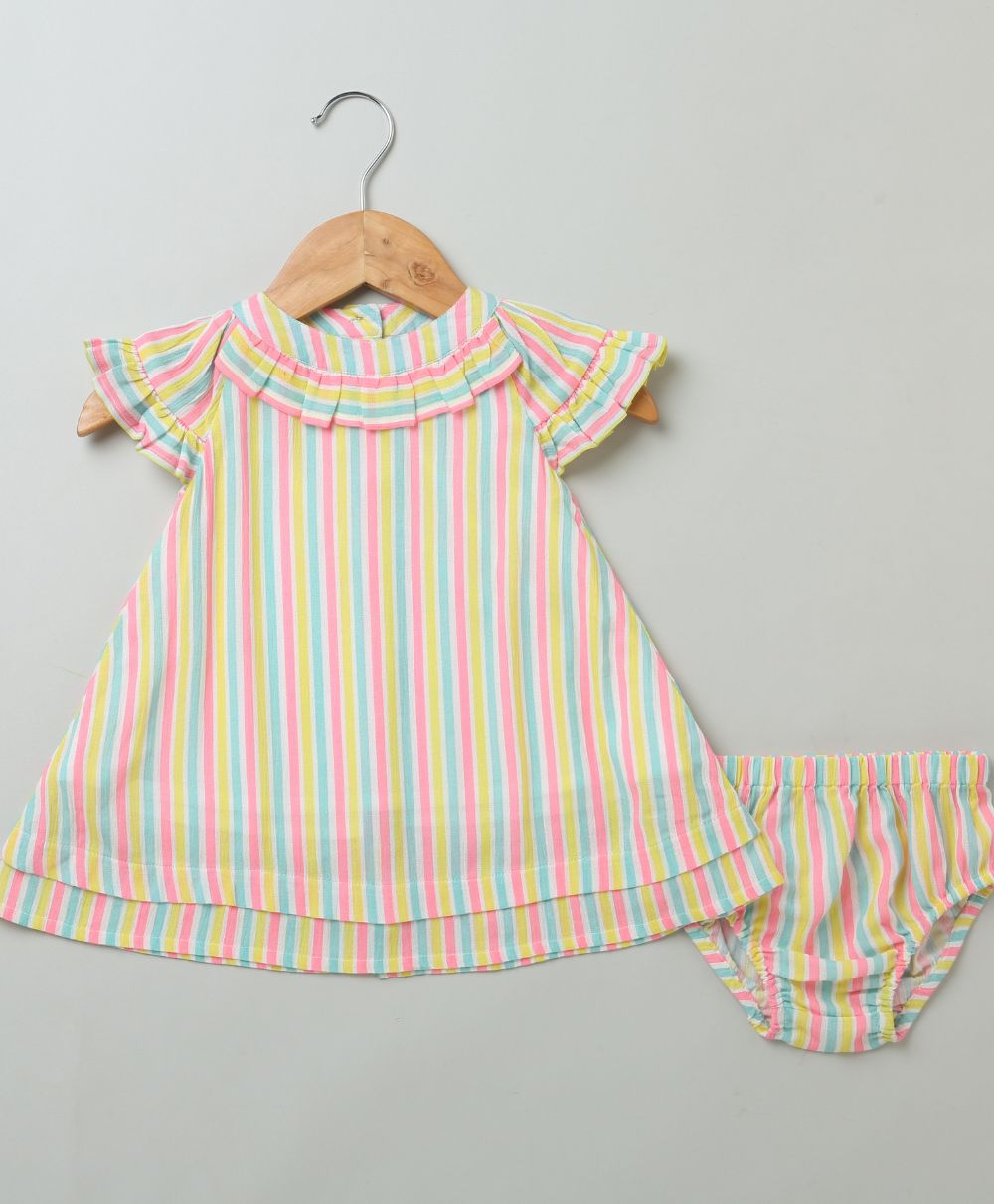 Multicoloured Striped cotton Crepe Dress with a Bloomer