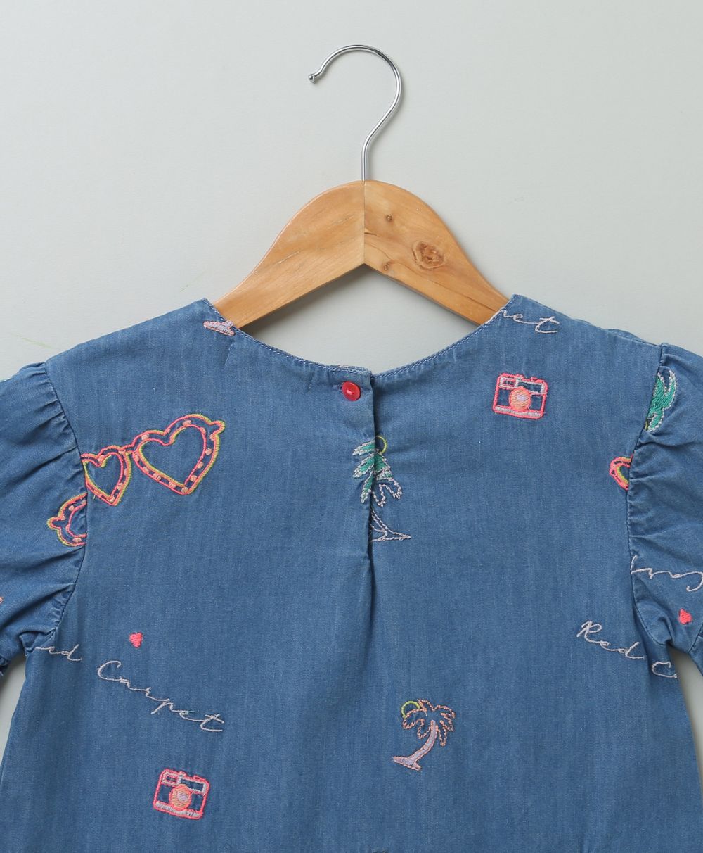 Cotton Denim Blouse with Palm Tree and Neon Heart Embroidery