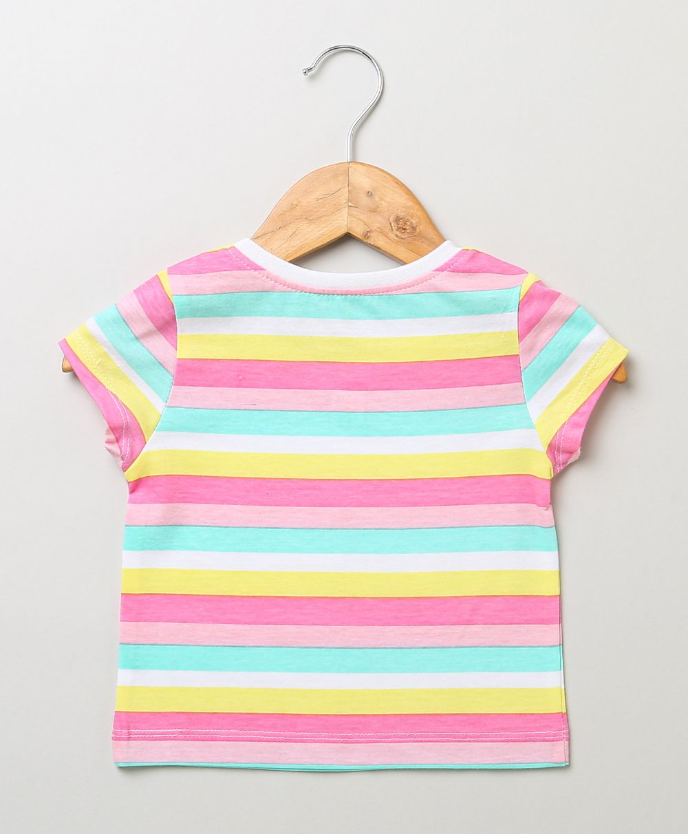 Half Sleeves Multicoloured Striped T-shirt & Multicoloured Hearts Mesh Skirt