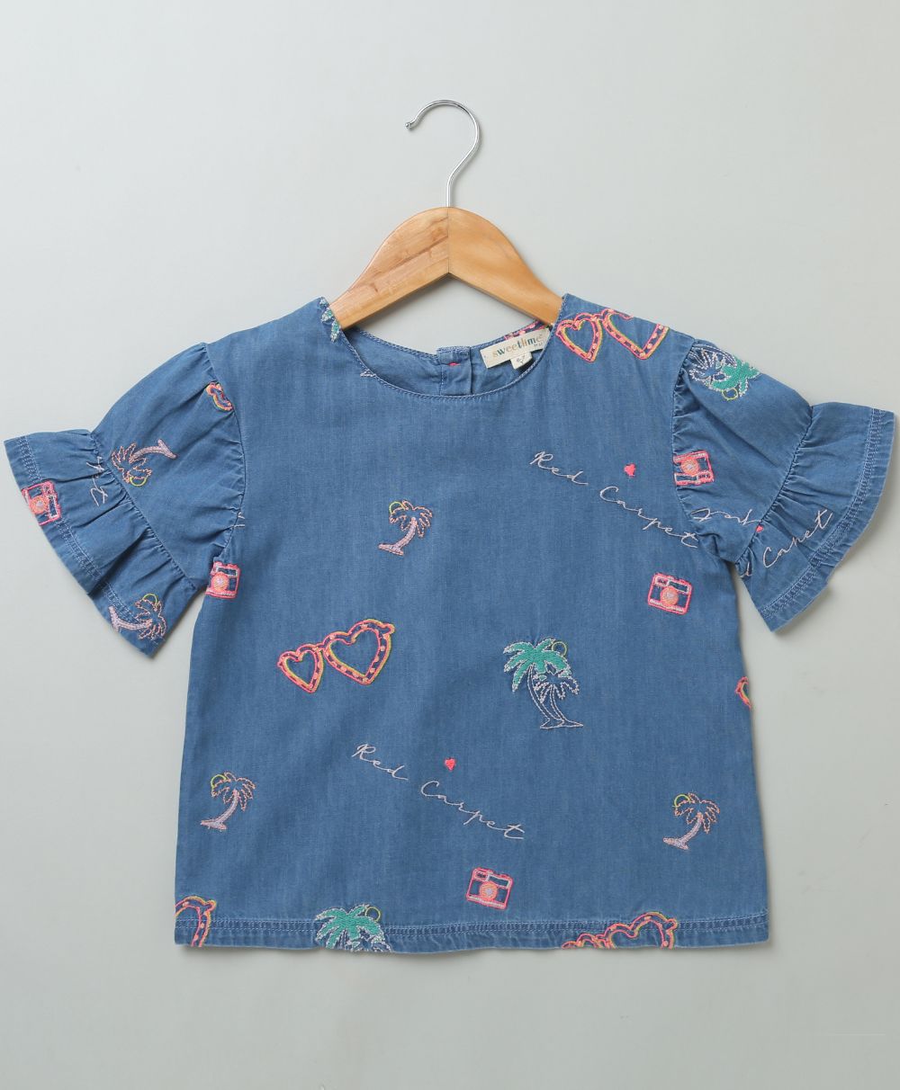 Cotton Denim Blouse with Palm Tree and Neon Heart Embroidery