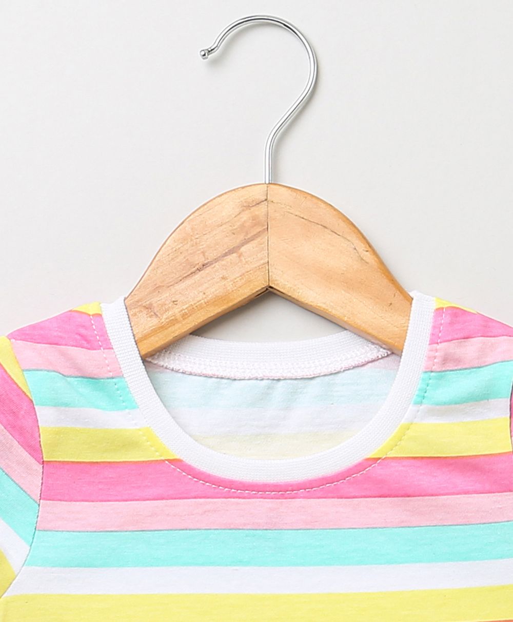 Half Sleeves Multicoloured Striped T-shirt & Multicoloured Hearts Mesh Skirt