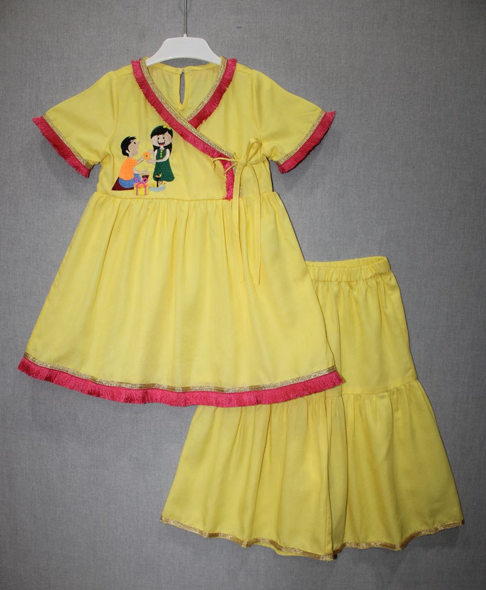 Embroidered Yellow Angarkha Style Top & Sharara