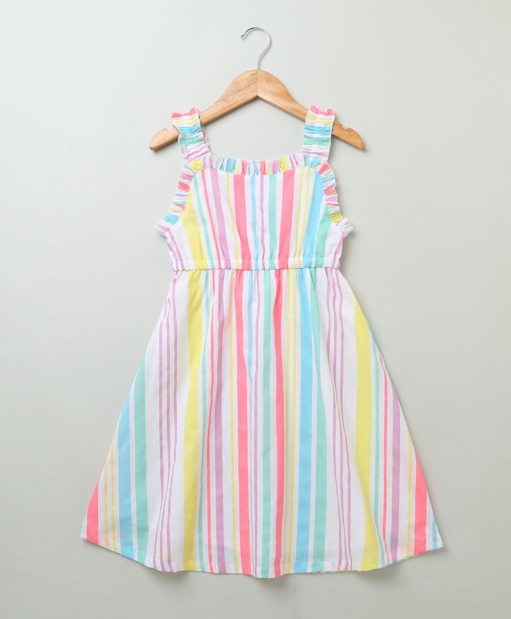 Multicoloured Stripe Print A line Cotton dress
