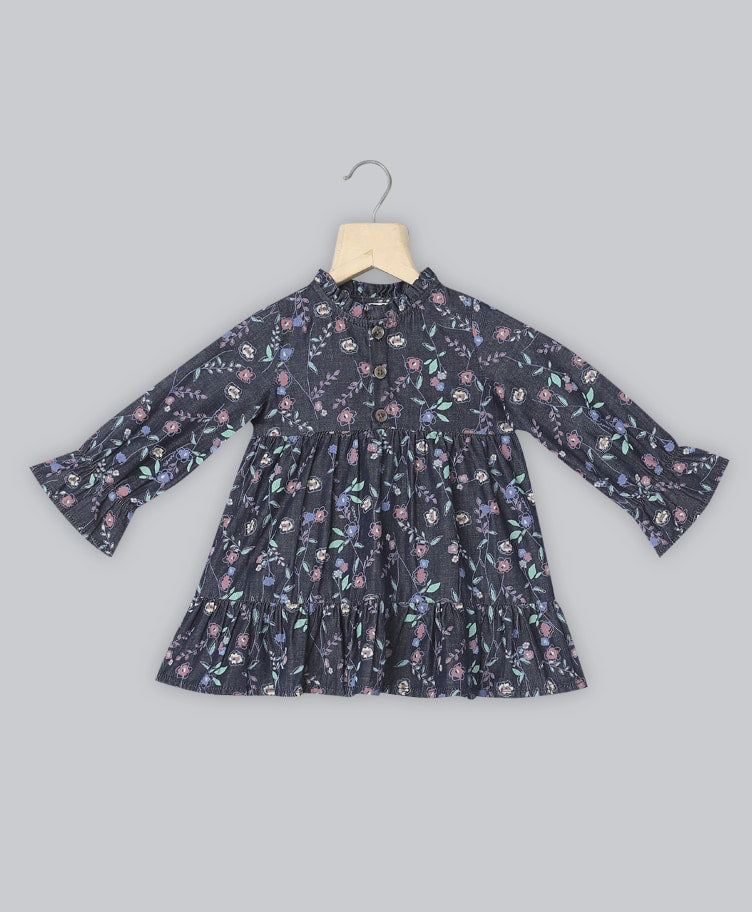 Cotton Denim All Over Floral Printed Dress