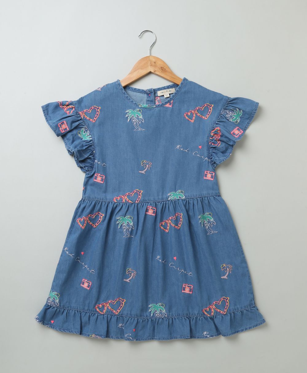 Cotton Denim Dress with Palm Tree and Neon Heart Embroidery