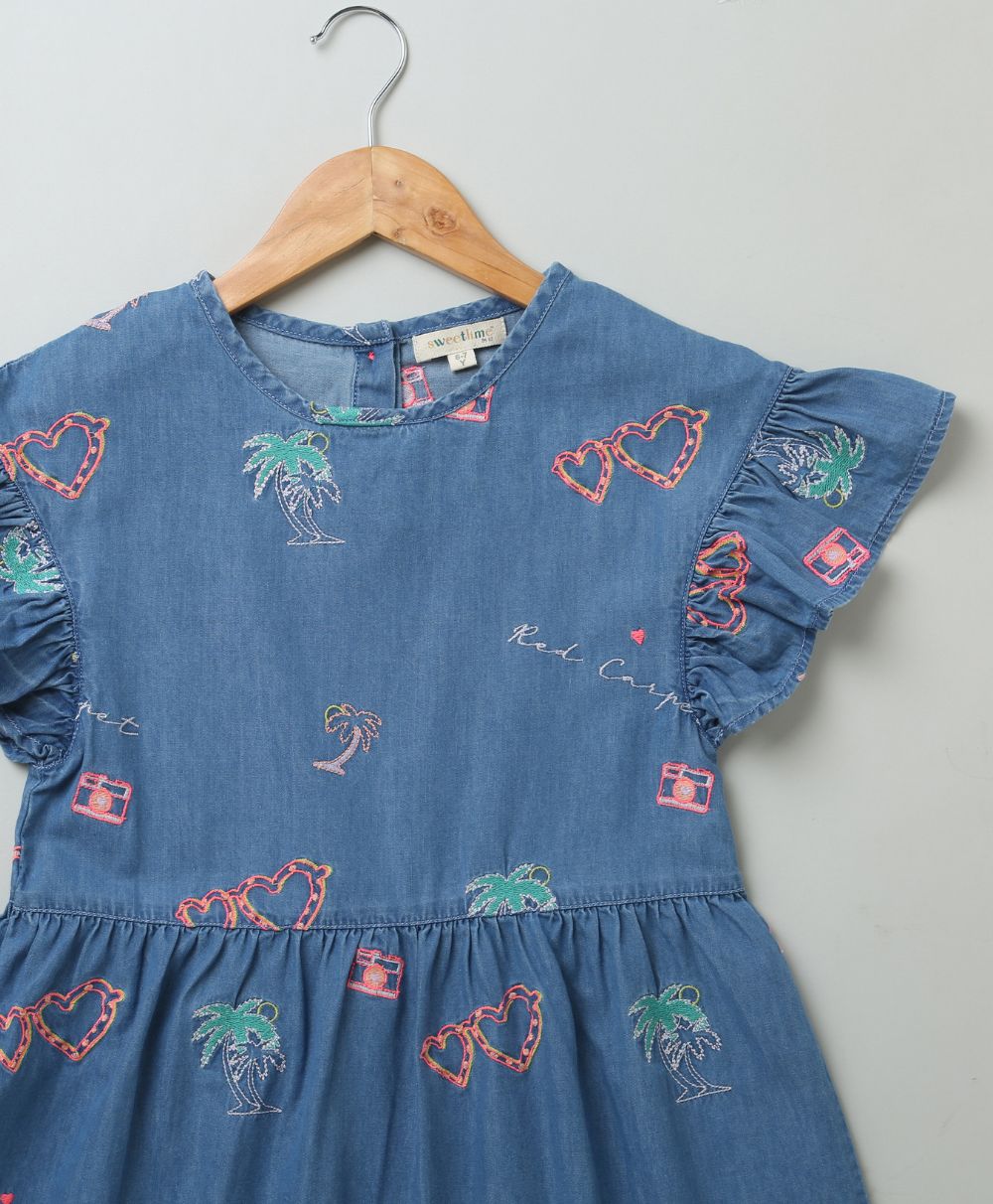 Cotton Denim Dress with Palm Tree and Neon Heart Embroidery