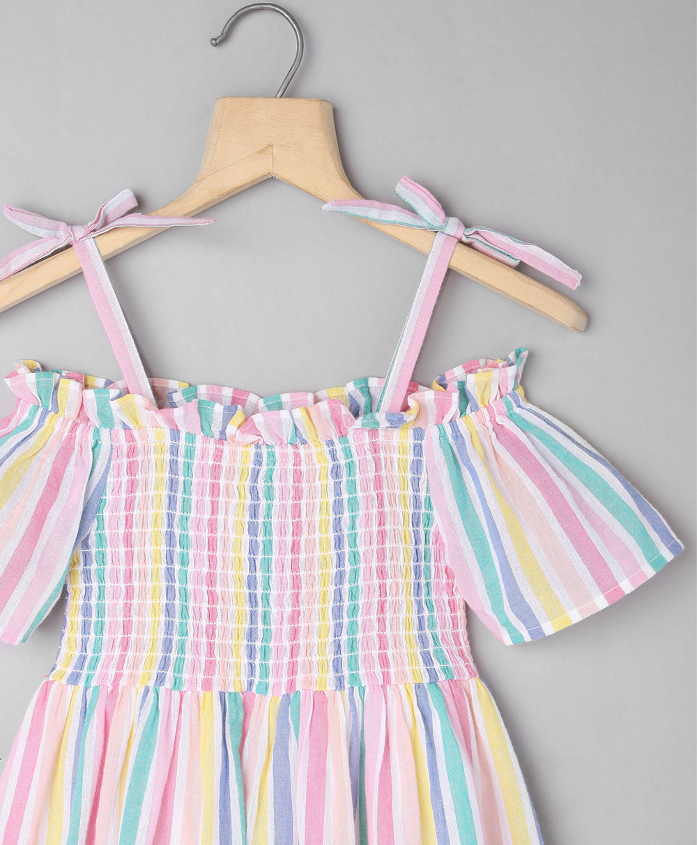 Bright Multicoloured Yarn Dyed Organic Cotton Dress with Bow Straps