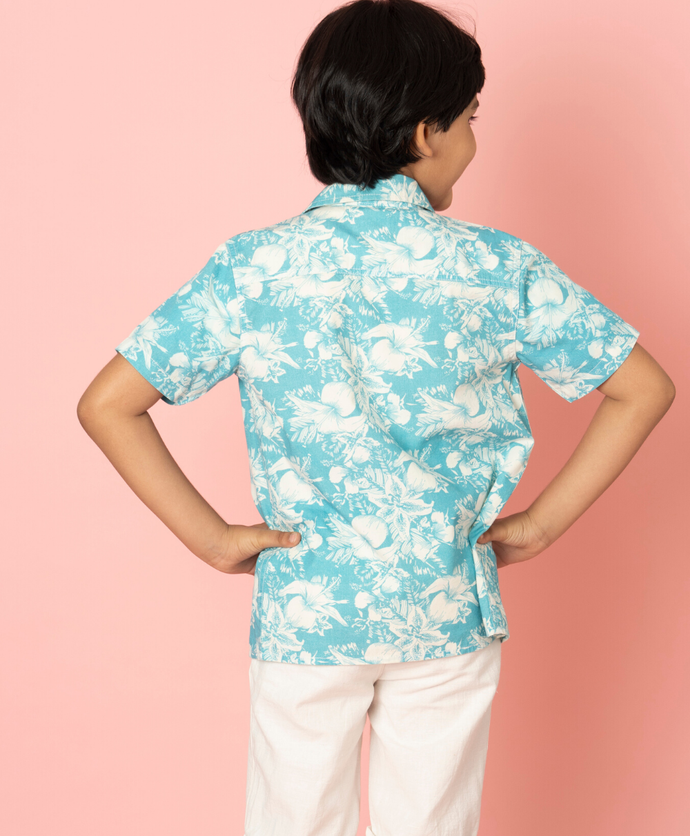 Blue and White Floral Printed Shirt