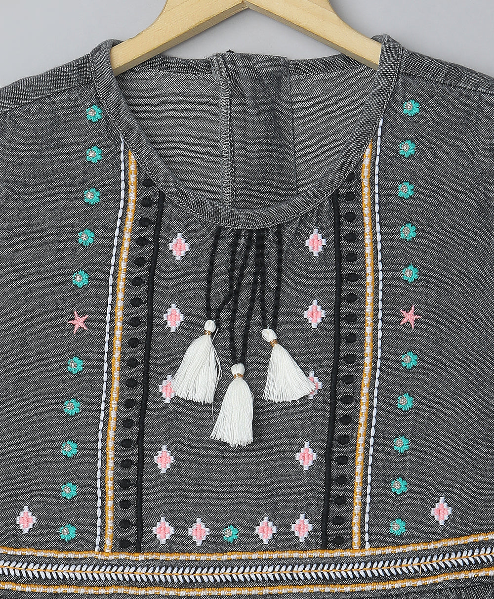 Full Sleeves Embroidery Cotton Denim Dress
