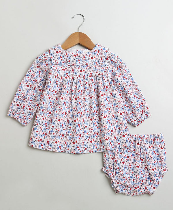 Red & Blue Floral Print Organic Cotton Dress with a matching Bloomer