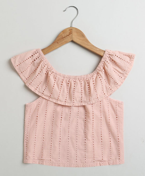 Peach Cotton Schiffly Off Shoulder Top