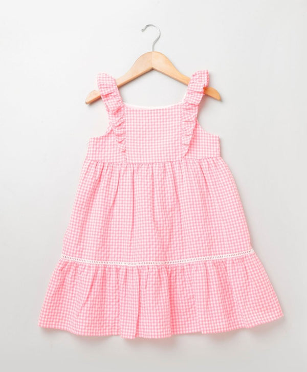 Neon Pink Checks Cotton Dress with Frill Straps