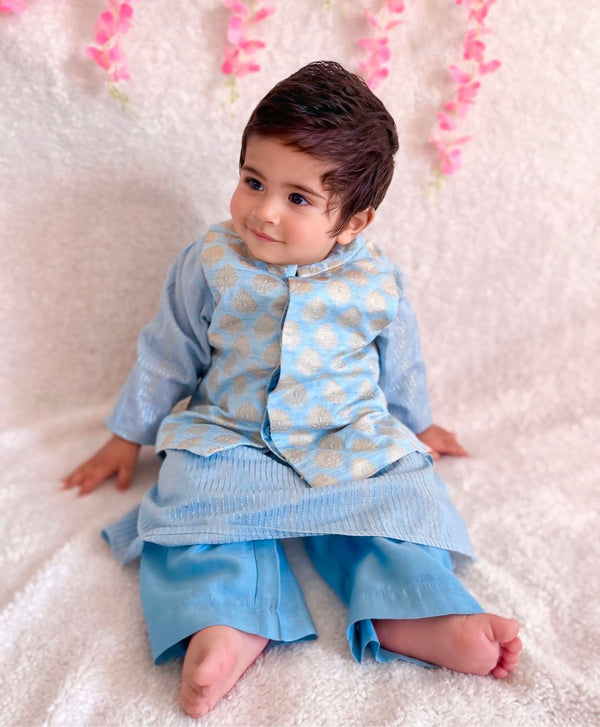 Blue Kurta with Pant & Jaquard Jacket