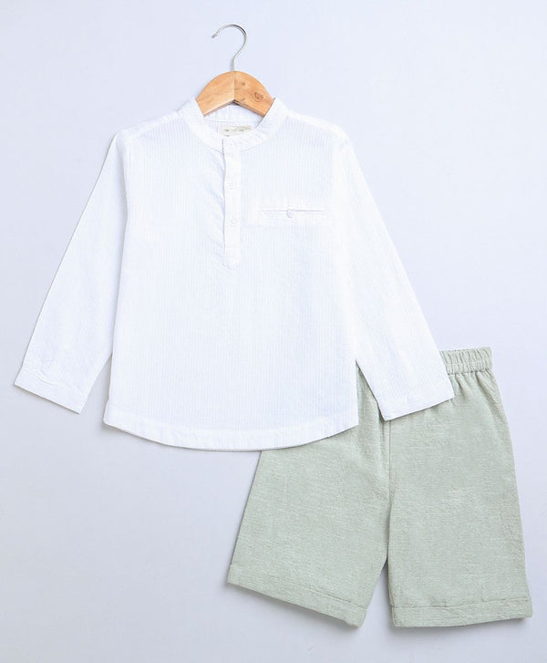 Full Sleeves Striped Cotton Shirt & Green Cotton Slub Shorts