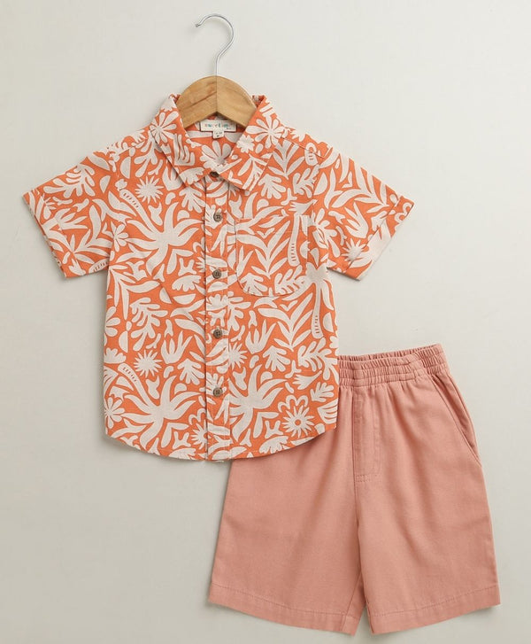 Sweetlime By AS Baby Boys Tropical Bloom Cotton Co-ord Set - Orange & Peach