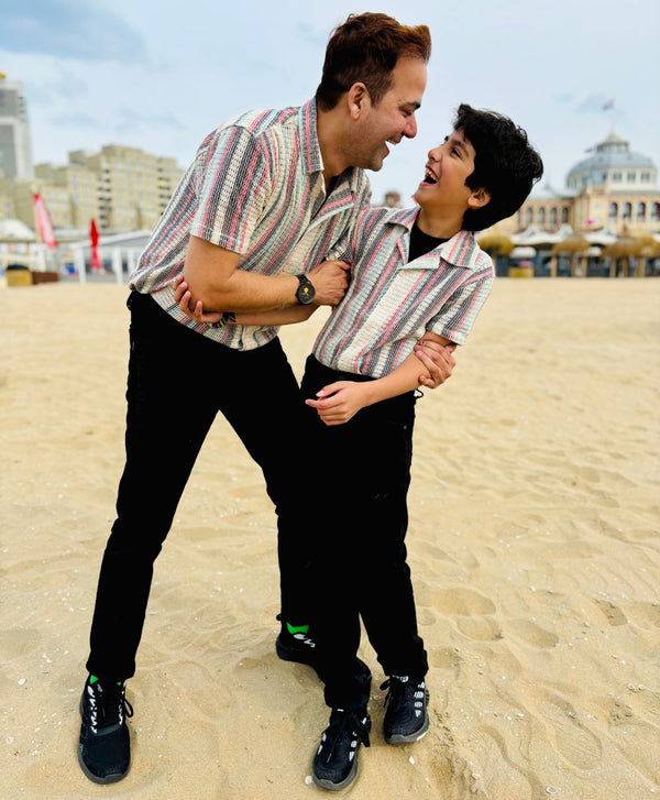 Father-Son Twinning Multicoloured Striped Short Sleeves Shirt.