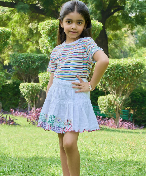 Multicoloured Striped  T-shirt & Multicoloured Embroidery Cotton Skirt