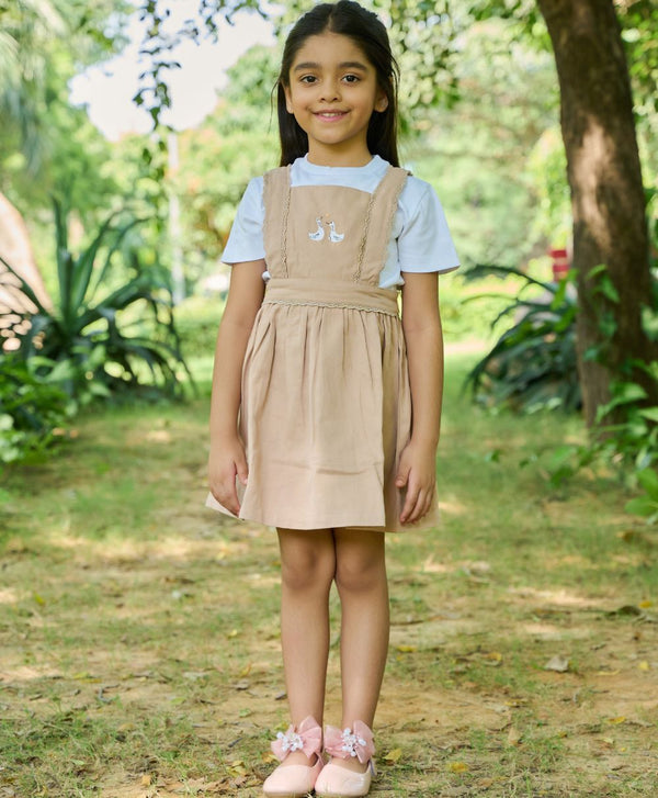 Beige Cotton Twill Pinafore Dress with White Ducks Embroidery