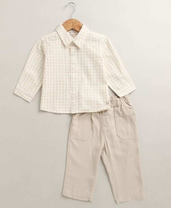 Sweetlime By AS Baby Boys' Classic Gentleman Organic Cotton Yellow Checks Shirt & Trouser Set - Off White & Beige