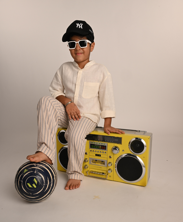 Sweetlime By AS Classic Stripes & White Shirt Set - Off White & Beige