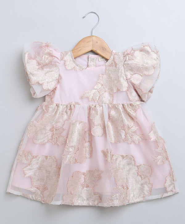 Baby Pink & Gold Floral Jaquard Dress .