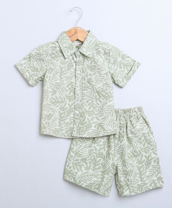 Olive Leaf Printed Cotton Linen Shirt & Shorts Boys Co-ord Set
