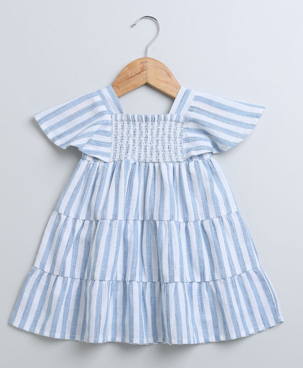 Blue and White Striped Bell Sleeves Cotton Slub Dress