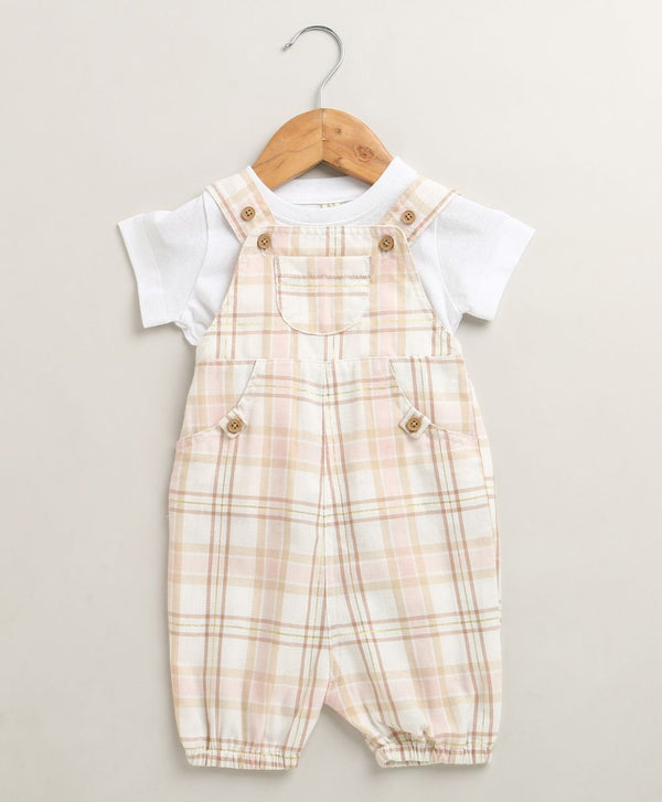 Sweetlime By AS The Little Farmhouse Plaid Organic Cotton Unisex Romper & White T-shirt Set - Pink & Beige