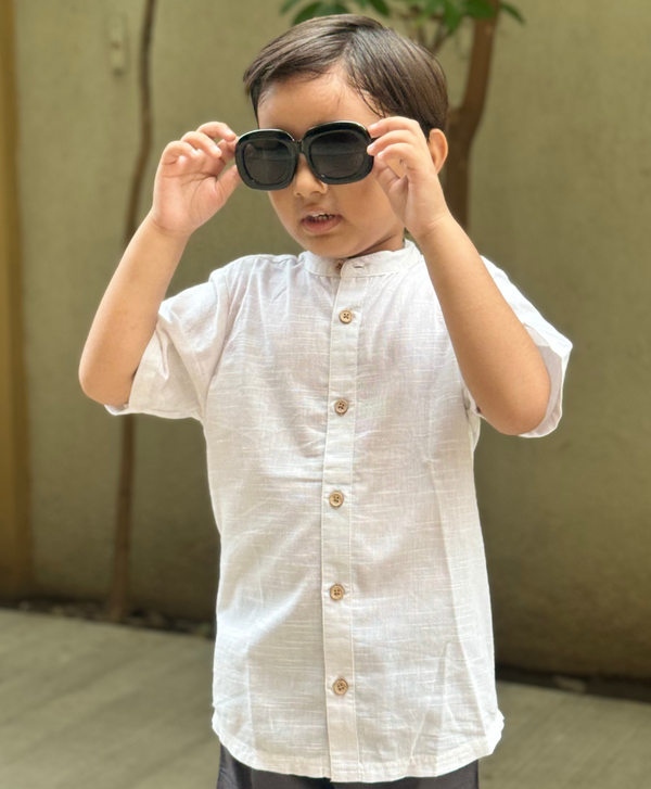 Sweetlime By AS Mandarin Collar Half Sleeves Cotton Linen Shirt - White