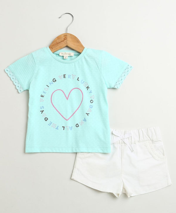 Lucky Heart T-shirt & Bow-Tie Cotton Twill Shorts Co-ord Set