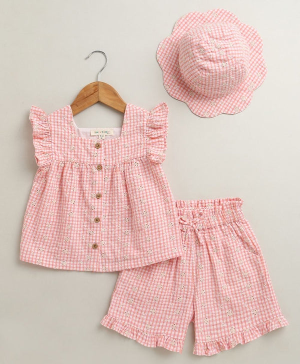 Sweetlime By AS Baby Girls Gingham Daisy Organic Cotton Co-ord Set with a Hat - Soft Pink
