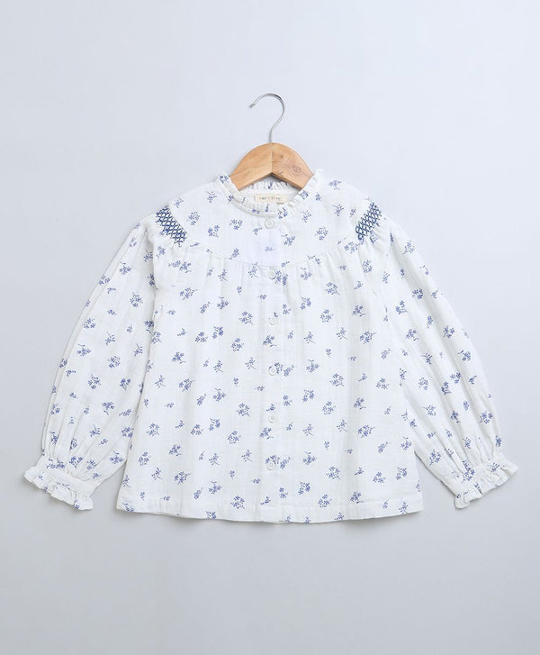 Long Sleeves Blue Floral Printed Cotton Top