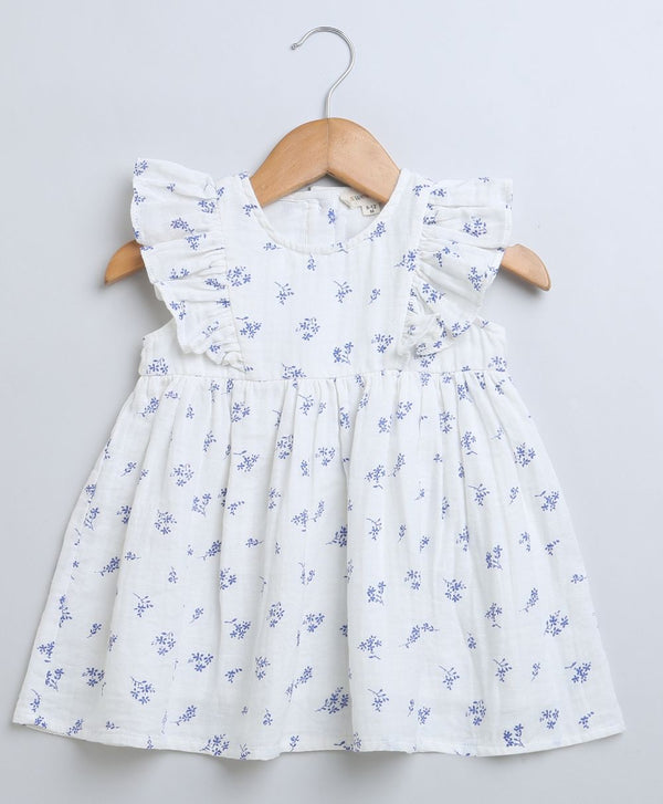 Blue Floral Print Flared Cotton Dress