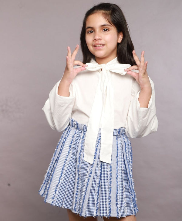 Stylish White Poplin Shirt & Blue Cotton Jacquard Skirt Co-ord Set