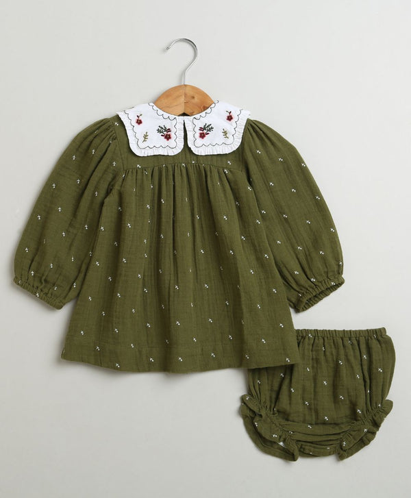 Peter Pan Collar Olive Green Cotton Dress with a Matching Bloomer