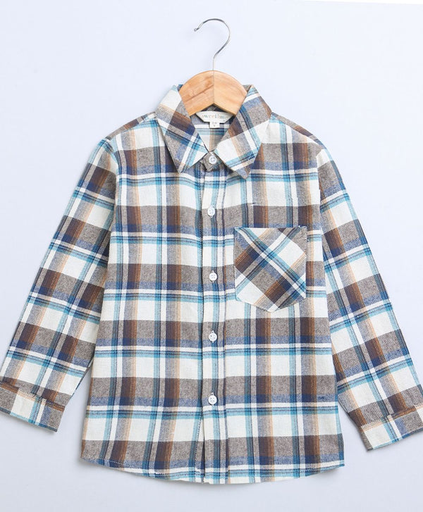Beige, Brown & Blue Checks Cotton Flannel Long Sleeves Boys Shirt