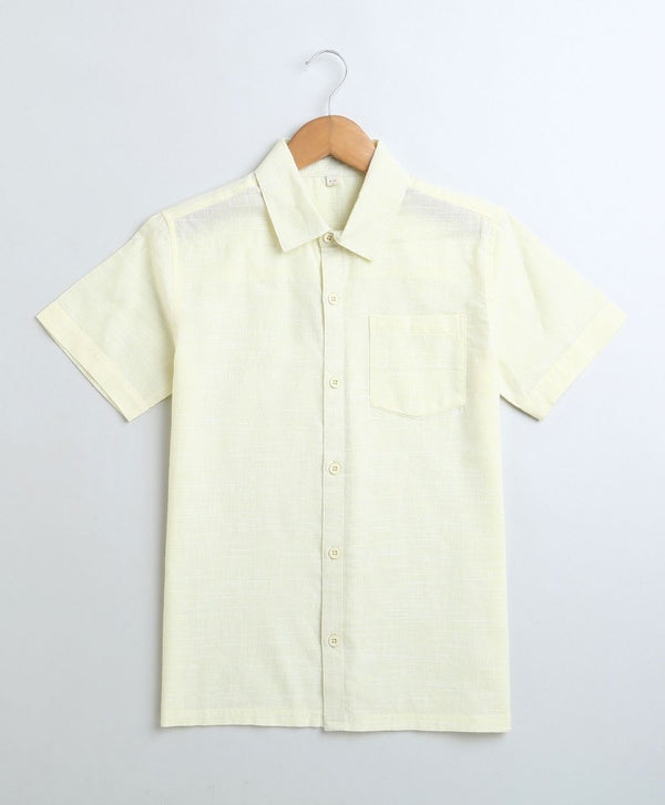 Solid Yellow Short Sleeves Cotton Linen Shirt