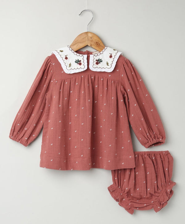 Peter Pan Collar Light Brown Cotton Dress & Bloomer Co-ord Set