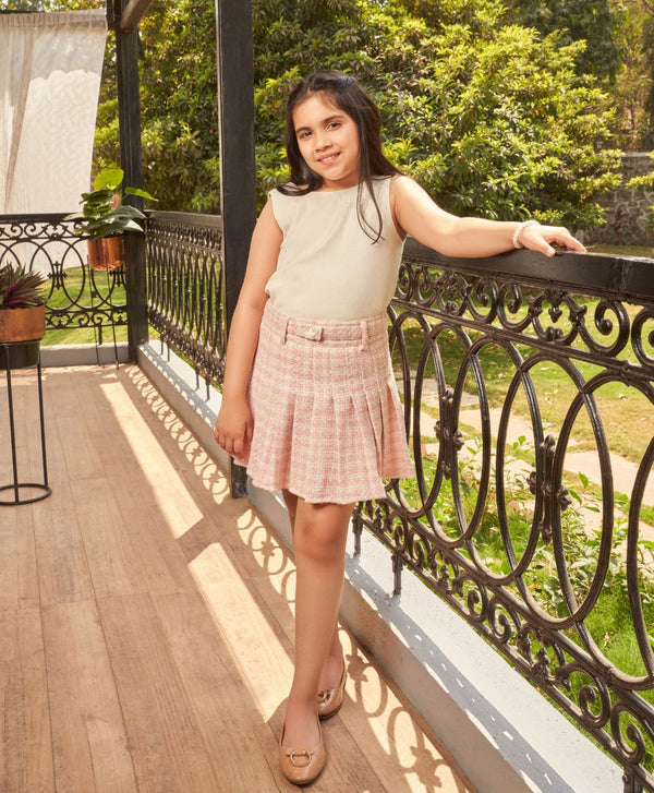 Stylish Solid White Viscose Top & a Baby-Pink Cotton Tweed Jacquard Skirt Set