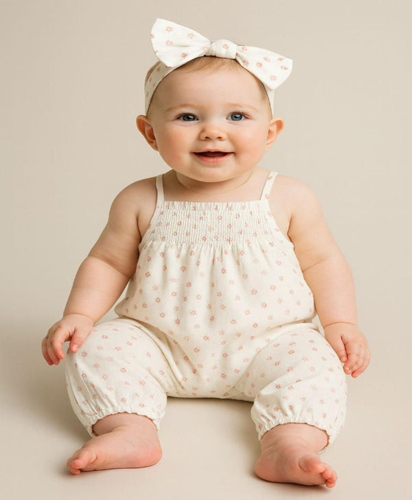 Sweetlime By AS Baby Girls' Cotton Tiny Petal Summer Romper & Hairband Set - White