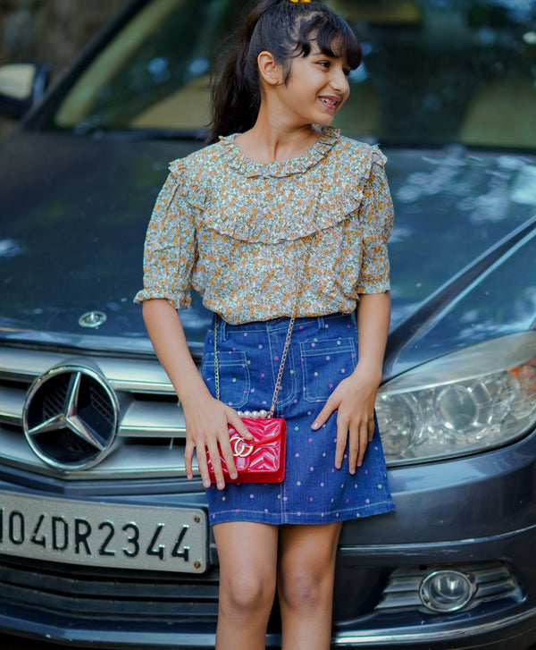 Multicoloured Floral Printed Blouse & Multicoloured Polka Dot Printed A line Skirt with Front Pocket