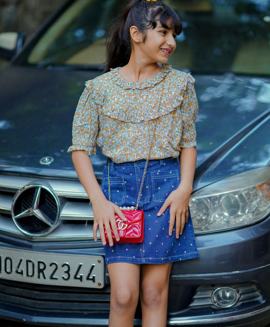 Multicoloured Floral Printed Blouse & Multi Polka Dot Printed A line Skirt with Front Pocket