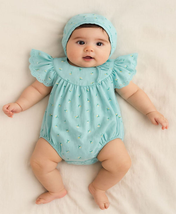 Sweetlime By AS Baby Girls'  Bluebell Fairy Organic Cotton Romper & Bonnet Set - Sea Green