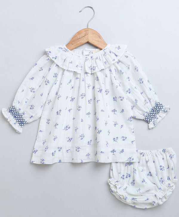 Baby Girls Blue Floral Printed Cotton Dress with a Bloomer