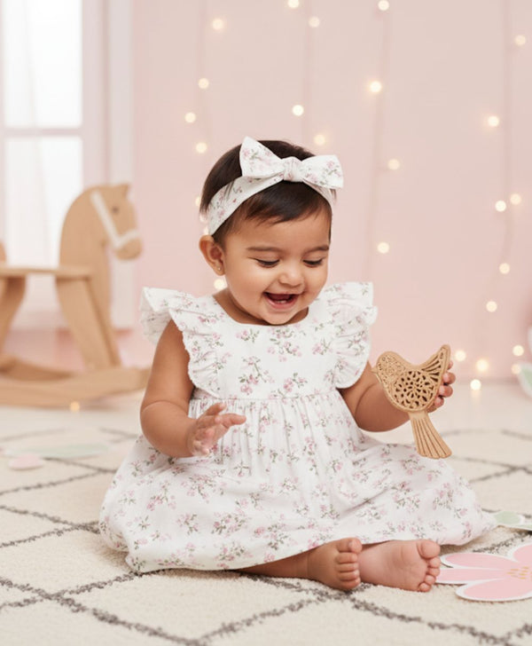 Sweetlime By AS Baby Girl's Organic Cotton Little Meadow Princess Dress & Hairband Set - White